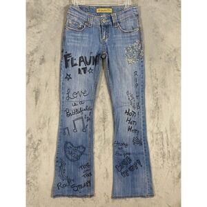 Z. Cavaricci Jeans Womens 3 Blue Graffiti Rhinestone Low Rise Flare Bratz Y2K